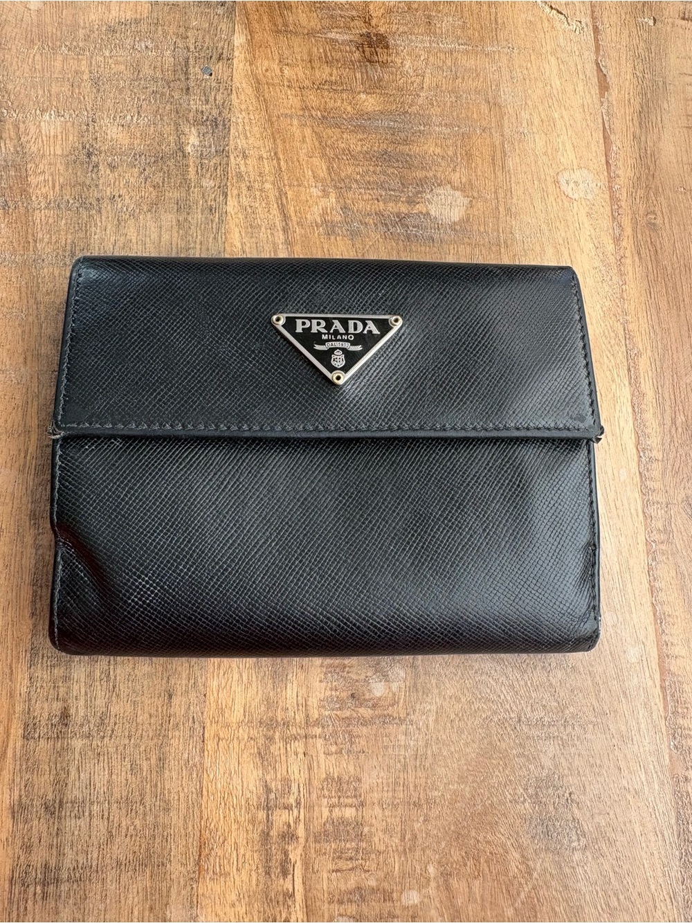 Prada Black Saffiano Leather Triangular Logo Fold Wallet